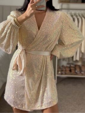 Iridescent Sequin Wrap Dress in Champagne